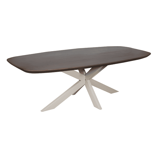 Modern eettafel van Mokana Meubelen met een donkerhouten blad en een opvallend wit onderstel, perfect voor een eigentijdse eetkamer.