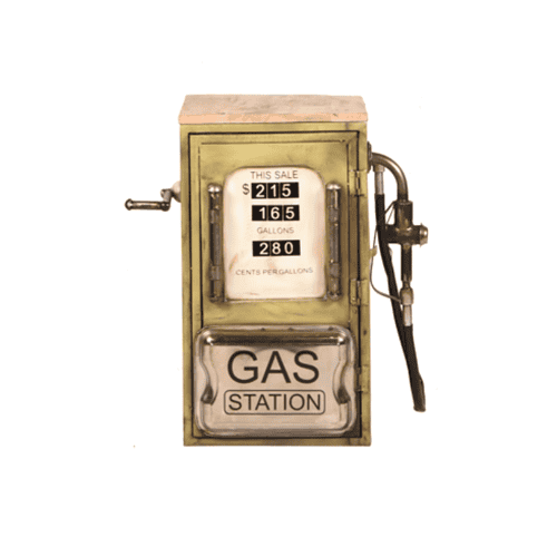 Vintage gasstation pump als muurdecoratie voor industriële en retro interieurstijlen. Perfect voor designliefhebbers en verzamelaars van vintage automobielaccessoires. Uniek decorstuk voor de woning of winkel.
