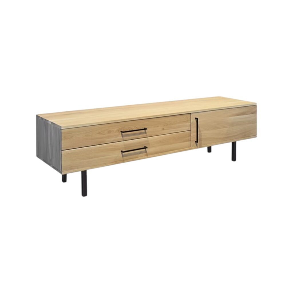 TV meubel 5502 eikenhout koopmans meubelen twee lades opbergvak beige stalen poten