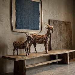 Unieke houten geitbeeld van teakhout, perfect als decoratie of kunstobject in interieur. Handgemaakt en duurzaam, benadrukt natuurlijke houttextuur en vakmanschap.