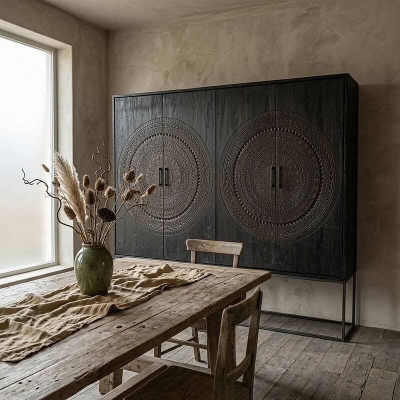 Wandschrank aus Teakholz mit großen runden Mustern, schwarz lackiert.