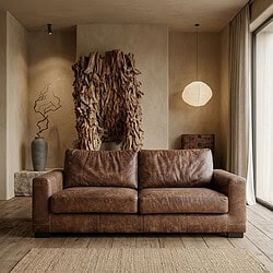 Das luxuriöse Ledersofa Duo Africa (3-Sitzer) in einem modernen Interieur mit natürlichen Dekoelementen und warmen Farbtönen. Perfekt für stilvolle und gemütliche Sitzecken.