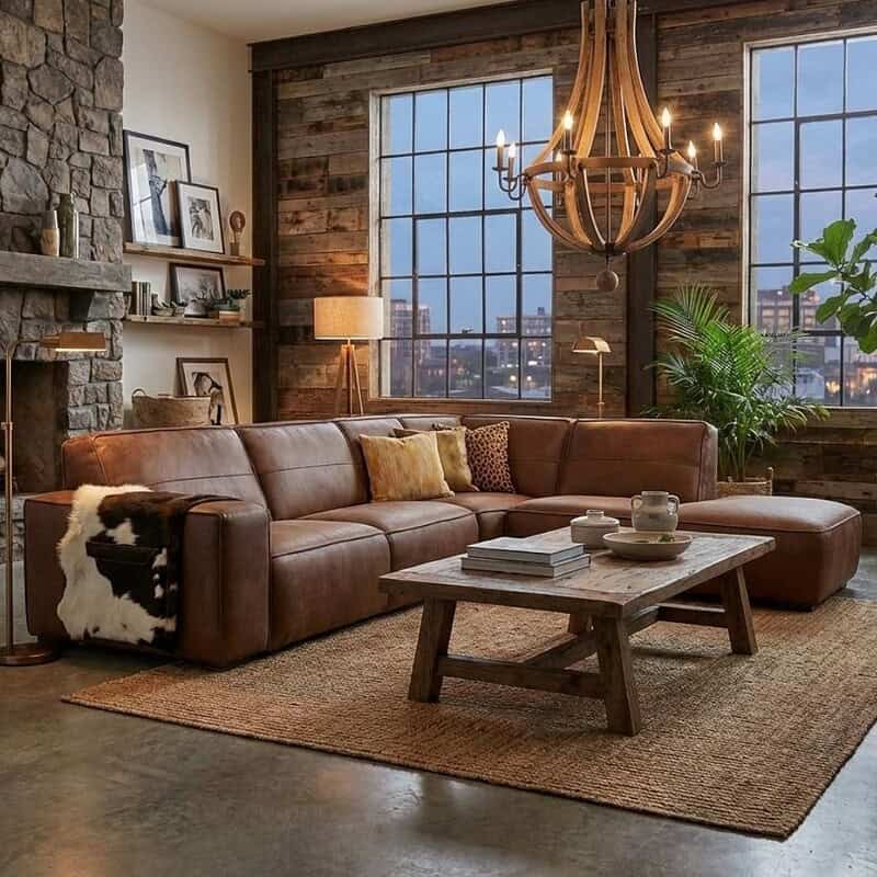 Stijlvolle leren hoekbank in een warm ingericht woonkamer met natuurlijke houten accenten en sfeerverlichting, ideaal voor een modern en gezellig interieur.