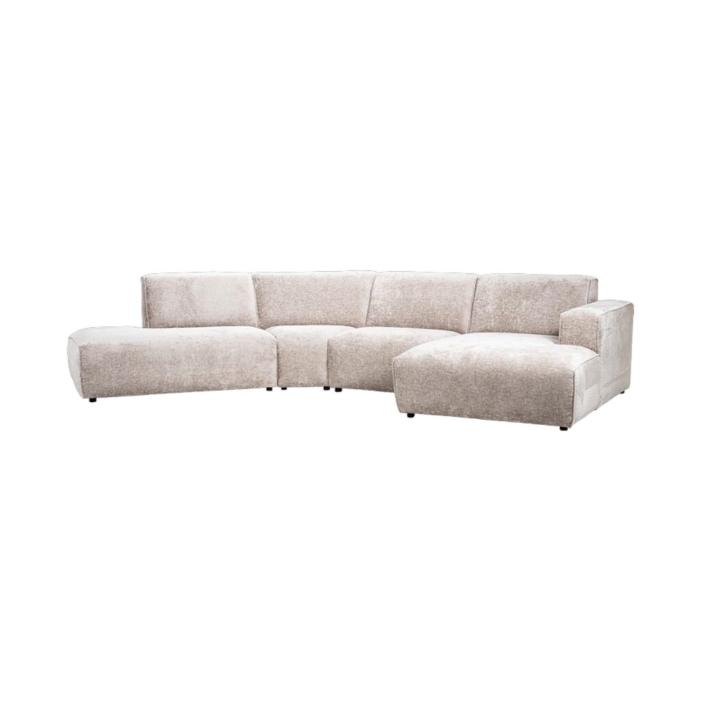 Hoekbank Elise sevn zacht longchair armleuning mokana stof metalen poot creme wit beige