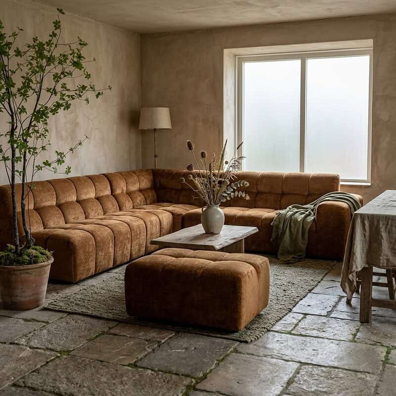 Luxe hoekbank Veronique in een gezellige woonkamer met natuurlijke lichtinval, perfect voor comfortabel loungen en stijlvolle interieurdecoratie.