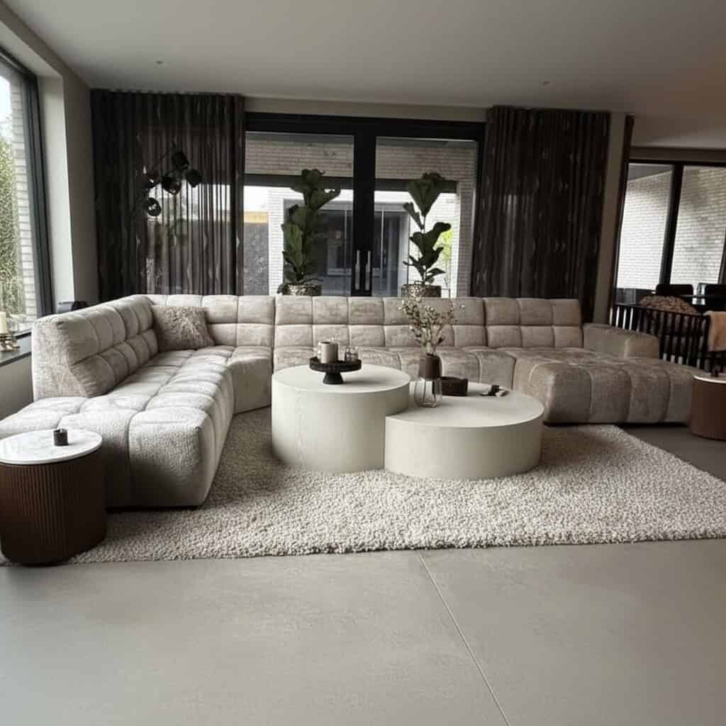 Luxe hoekbank in een modern woonkamer, gespeeld met natuurlijke tinten en comfort. Perfect voor stijlvolle en gezellige zithoeken, ontworpen door Mokana Meubelen.