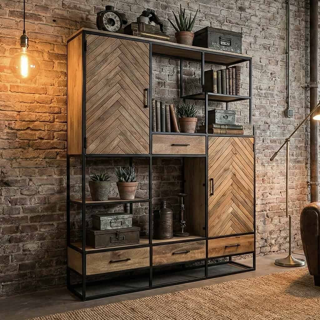 Vintage houten boekenkast met zwart metalen frame, opstelling met decoratieve planten, oude metalen kisten en industriële accessoires, perfect voor een robuuste en stijlvolle woonkamer.