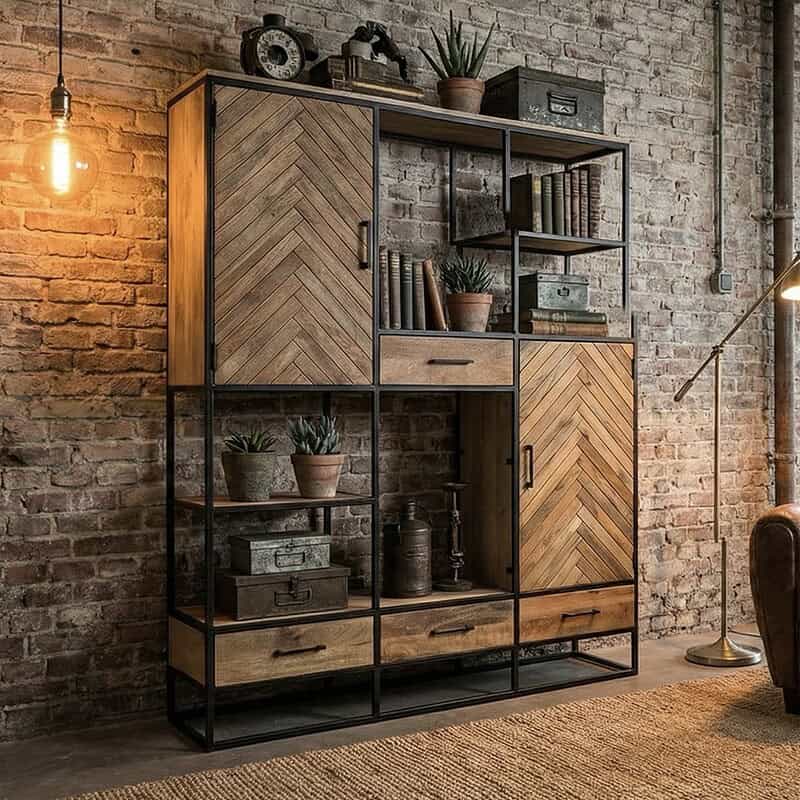 Vintage houten boekenkast met zwart metalen frame, opstelling met decoratieve planten, oude metalen kisten en industriële accessoires, perfect voor een robuuste en stijlvolle woonkamer.