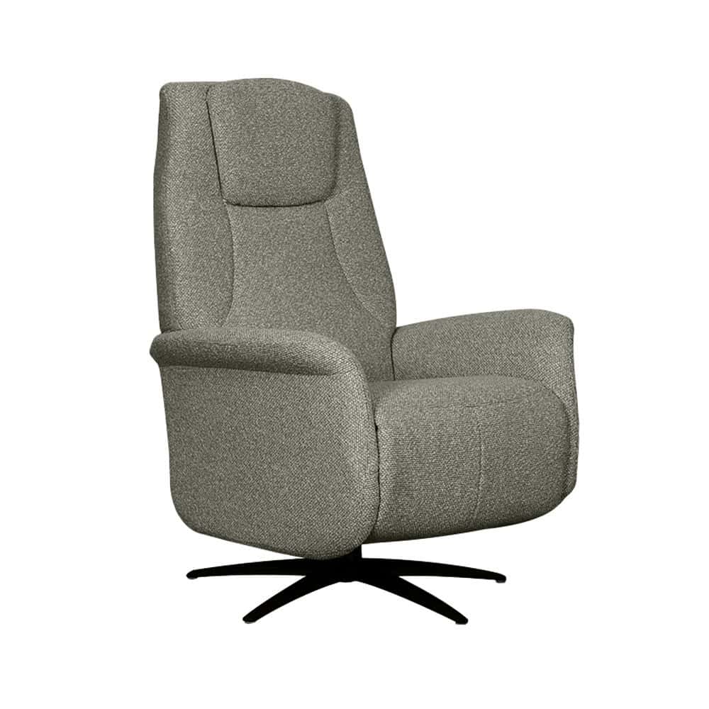 Modern birkamer fauteuil met zachte grijze bekleding en ronde zwarte voet, perfect voor comfortabel loungen in elk interieur.