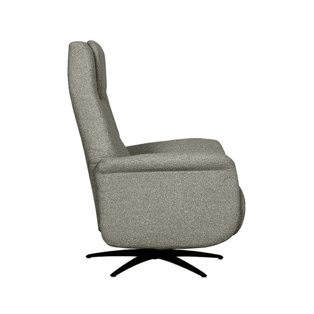 Zeer comfortabele grijze stoffen fauteuil met draaibaar onderstel, perfect voor modern interieur en loungen.