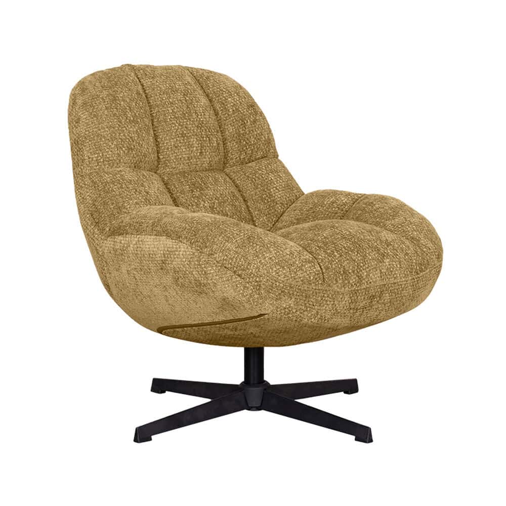 Comfortabele vintage fluwelen lounge fauteuil met draaibare onderkant, perfect voor stijlvolle zithoeken en modern interieur. Mooie gele kleur en unieke textuur.