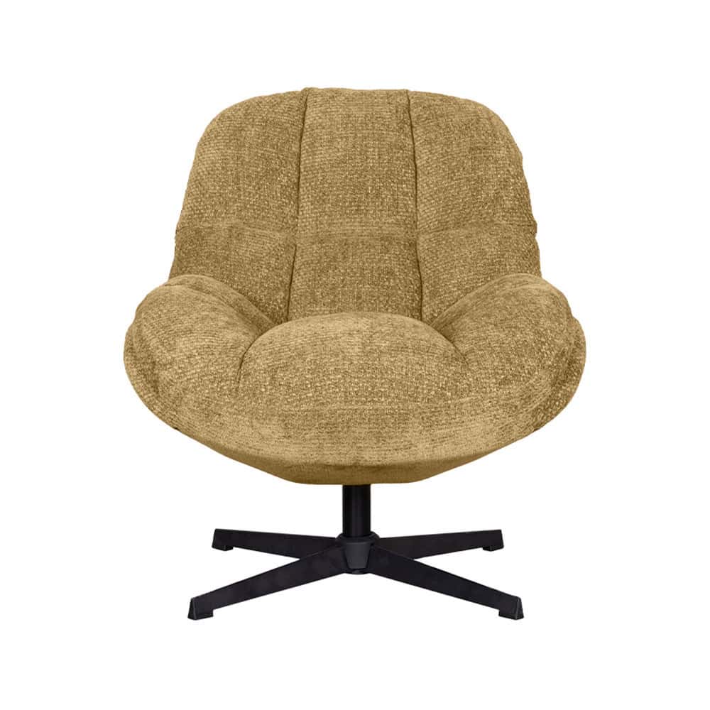 Lounge fauteuil met geelbruin stoffering en zwarte poot, design meubel voor comfortabel zitten. Perfect voor een moderne woonruimte of kantooromgeving.