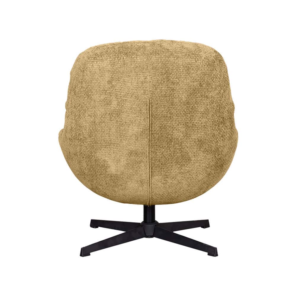 Zwarte metalen draaivoet met beige bekleed fauteuil voor comfortabele zithoek.