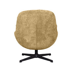 Zwarte metalen draaivoet met beige bekleed fauteuil voor comfortabele zithoek.