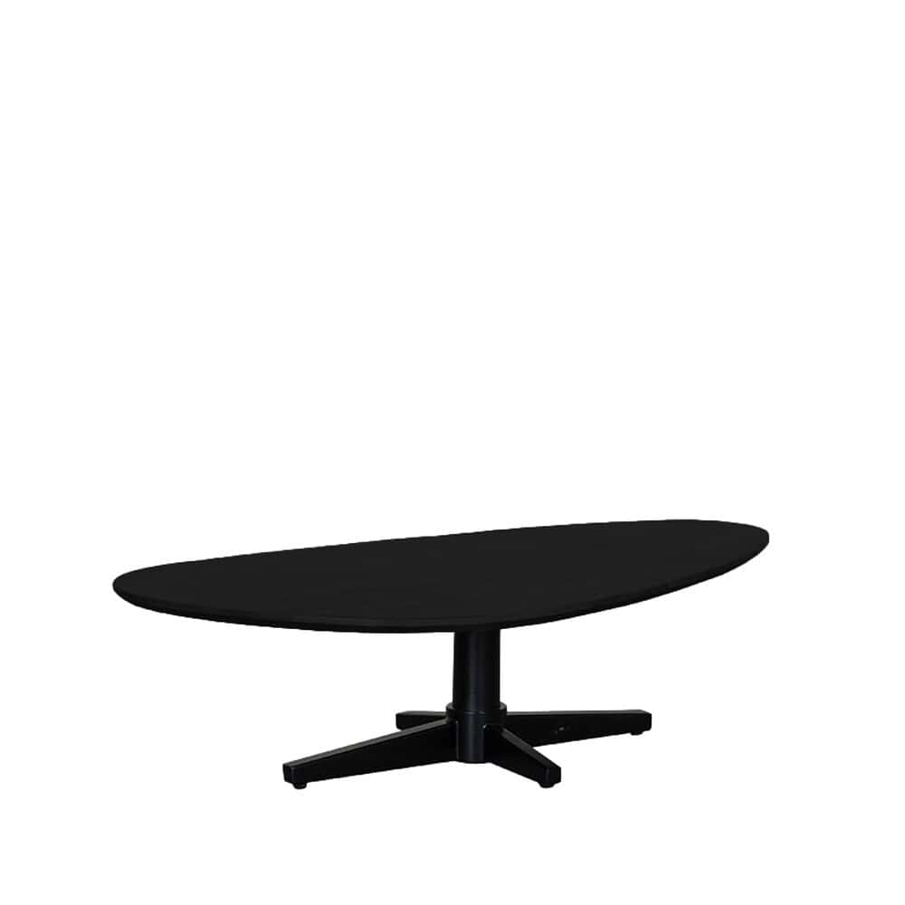 Black wooden coffee table, modern design, Mokana Meubelen, stijlvolle meubelstukken voor in de woonkamer, hoogwaardig afgewerkt zwart tafelblad met stevige basis.