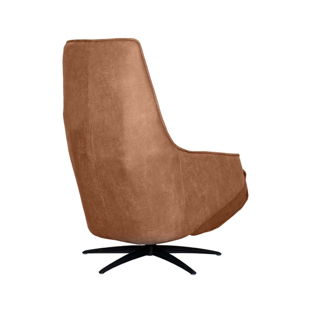 Vintage stoffen fauteuil in warme bruin kleur, modern design met draaibare onderkant, perfecte stoel voor comfortabel lezen en relaxen.