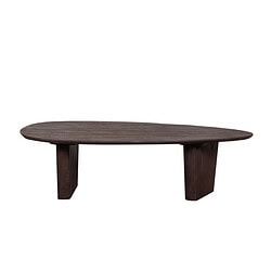 Eettafel van donker massief hout met een ovale vorm en robuuste poten, perfect voor een warme en stijlvolle woonruimte.