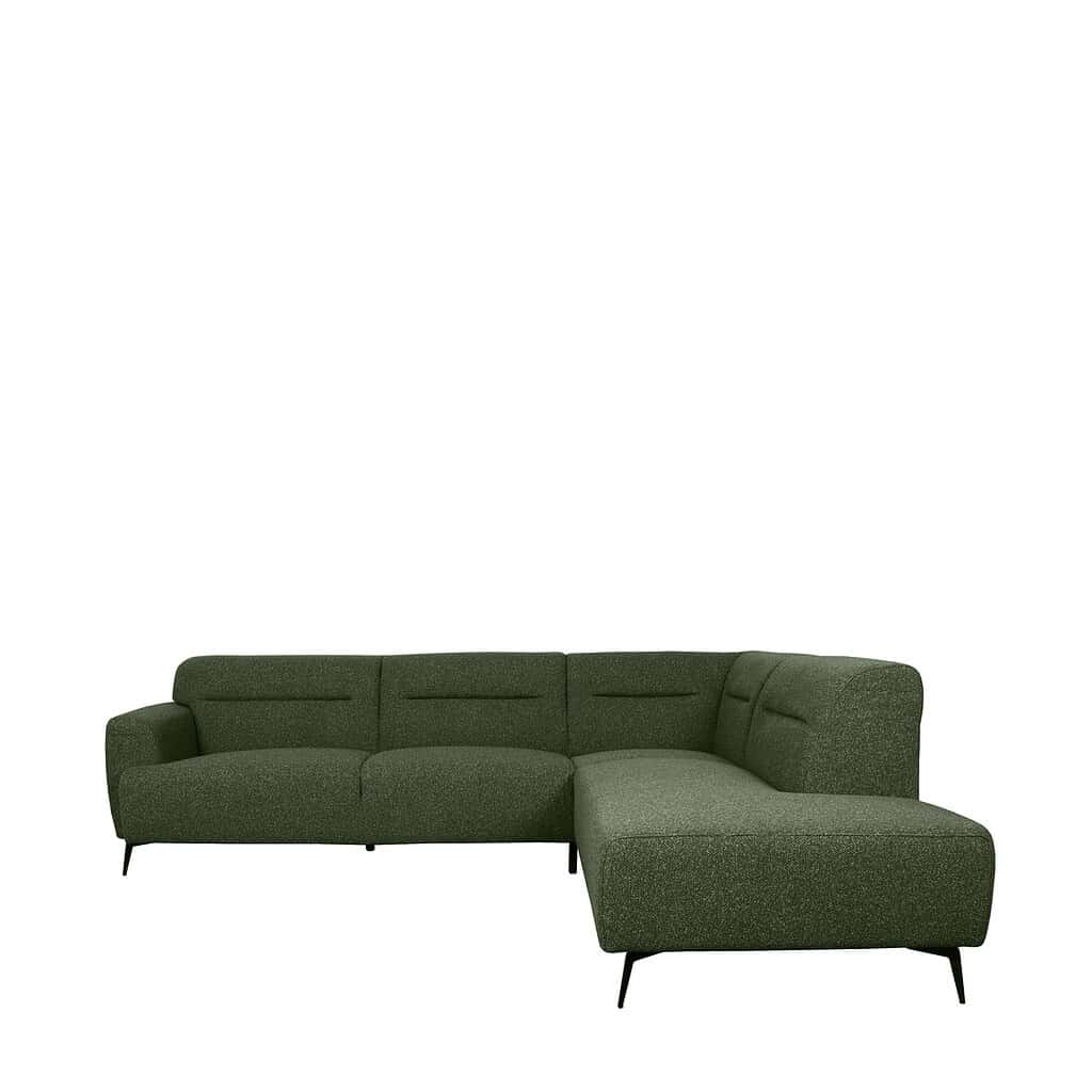 Modern groene stoffen hoekbank, elegant sofa meubel voor woonkamer, Mokana Meubelen, Scandinavisch design, comfortabele zithoek met slanke poten.