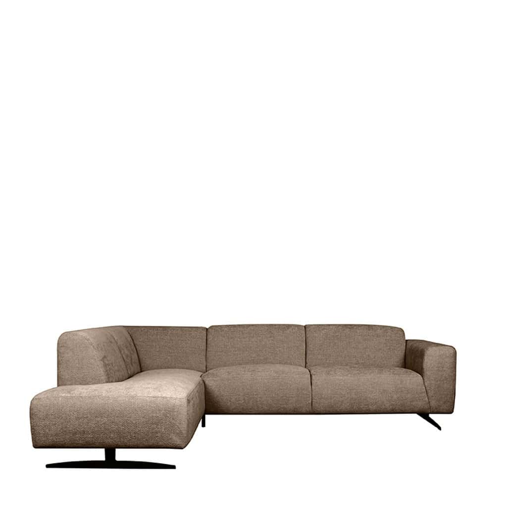 Luxe stofbank met chaise longue en moderne zwarte pootjes, perfect voor eigentijdse woonkamers.