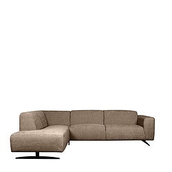 Luxe stofbank met chaise longue en moderne zwarte pootjes, perfect voor eigentijdse woonkamers.