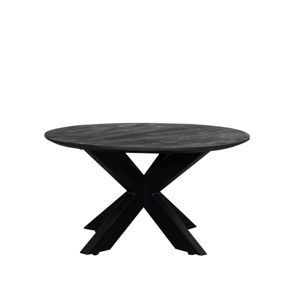 Ronde eettafel met zwart onderstel en houten blad, modern en elegant ontwerp voor stijlvolle interieurs.