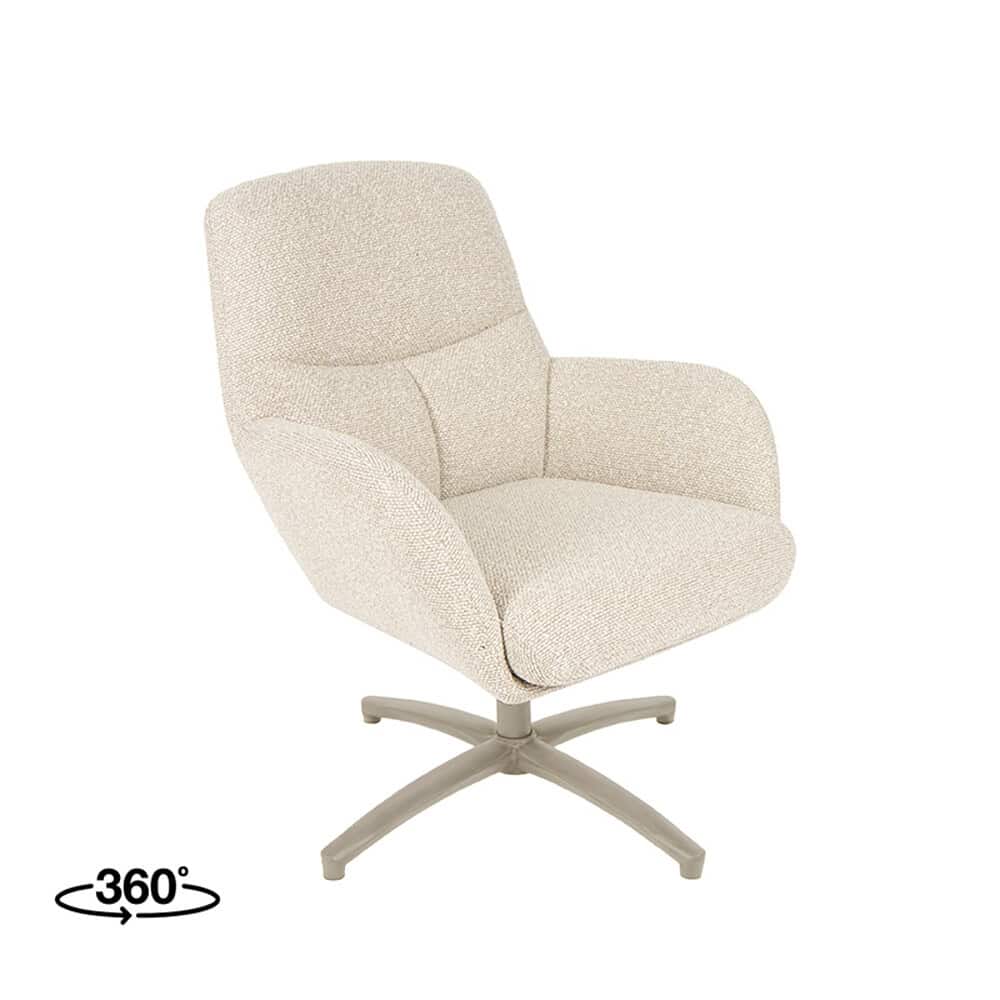 Comfortabele moderne draaifauteuil in zachte beige stof, ideaal voor woonkamer of kantoor.