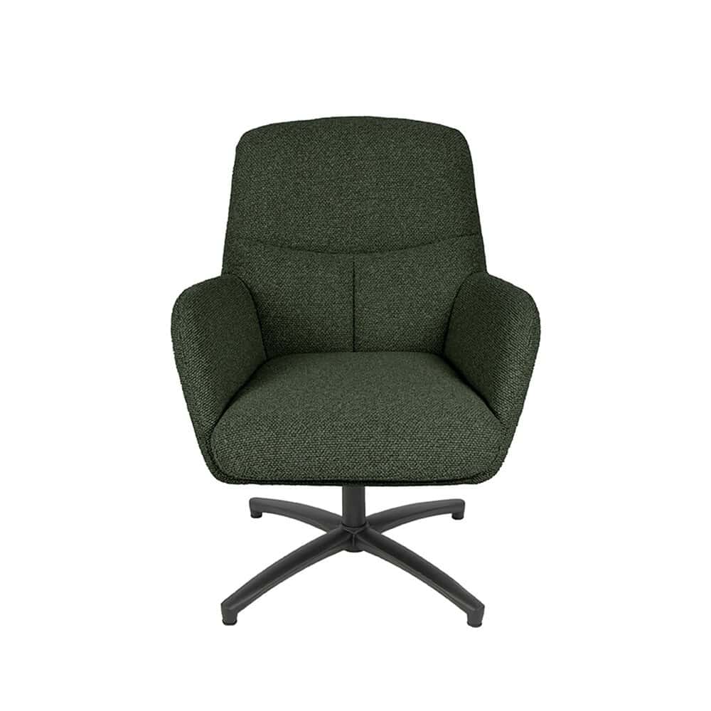 Houten bureaustoel met groen stoffen bekleding en ergonomisch ontwerp, perfect voor kantoor of thuiswerk. Duurzaam en stijlvol, verkrijgbaar bij Mokana Meubelen voor een comfortabele werkplek.