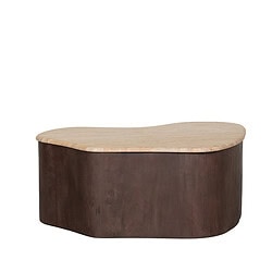 Robuuste houten salontafel met organische vormen, gemaakt van natuurlijk elzenhout in donkerbruine finish, perfect voor modern en warm interieur.