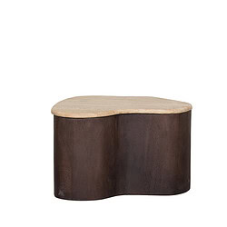 Eclectische bijzettafel met natuurlijke houten bovenkant en donker gebeitst houten onderkant, modern design, handgemaakt, perfecte toevoeging voor woonkamer of slaapkamer, hoogwaardige materialen.