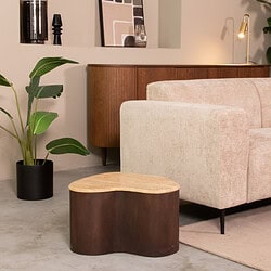 Handgemaakt houten salontafel in een modern woonkamer, gecombineerd met een beige bank en groene planten voor een warme, natuurlijke uitstraling. Perfecte meubelstuk voor stijlvolle interieurs.