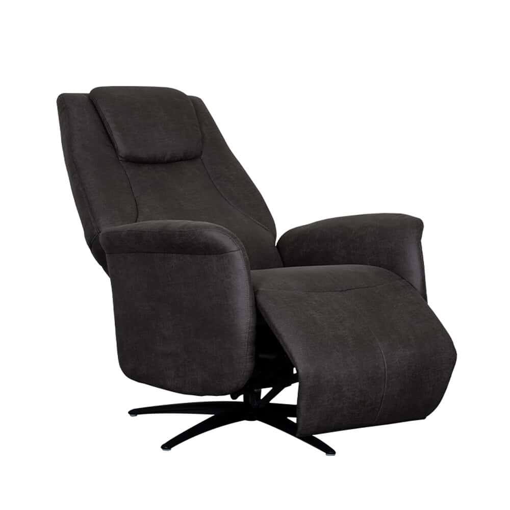 Relaxfauteuil met voetenbank in donkergrijze stoffering, ergonomisch ontworpen voor ultiem comfort en stijl. Ideaal voor moderne woonkamerinterieurs en loungemomenten.