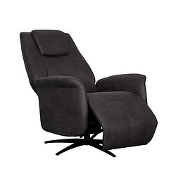 Relaxfauteuil met voetenbank in donkergrijze stoffering, ergonomisch ontworpen voor ultiem comfort en stijl. Ideaal voor moderne woonkamerinterieurs en loungemomenten.