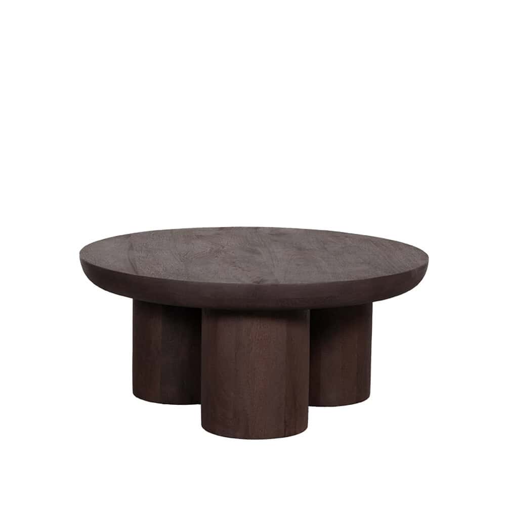 Elegante houten salontafel met uniek ontwerp en stevige ronde poten, perfect voor moderne woonkamers en stijlvolle meubelstukken.
