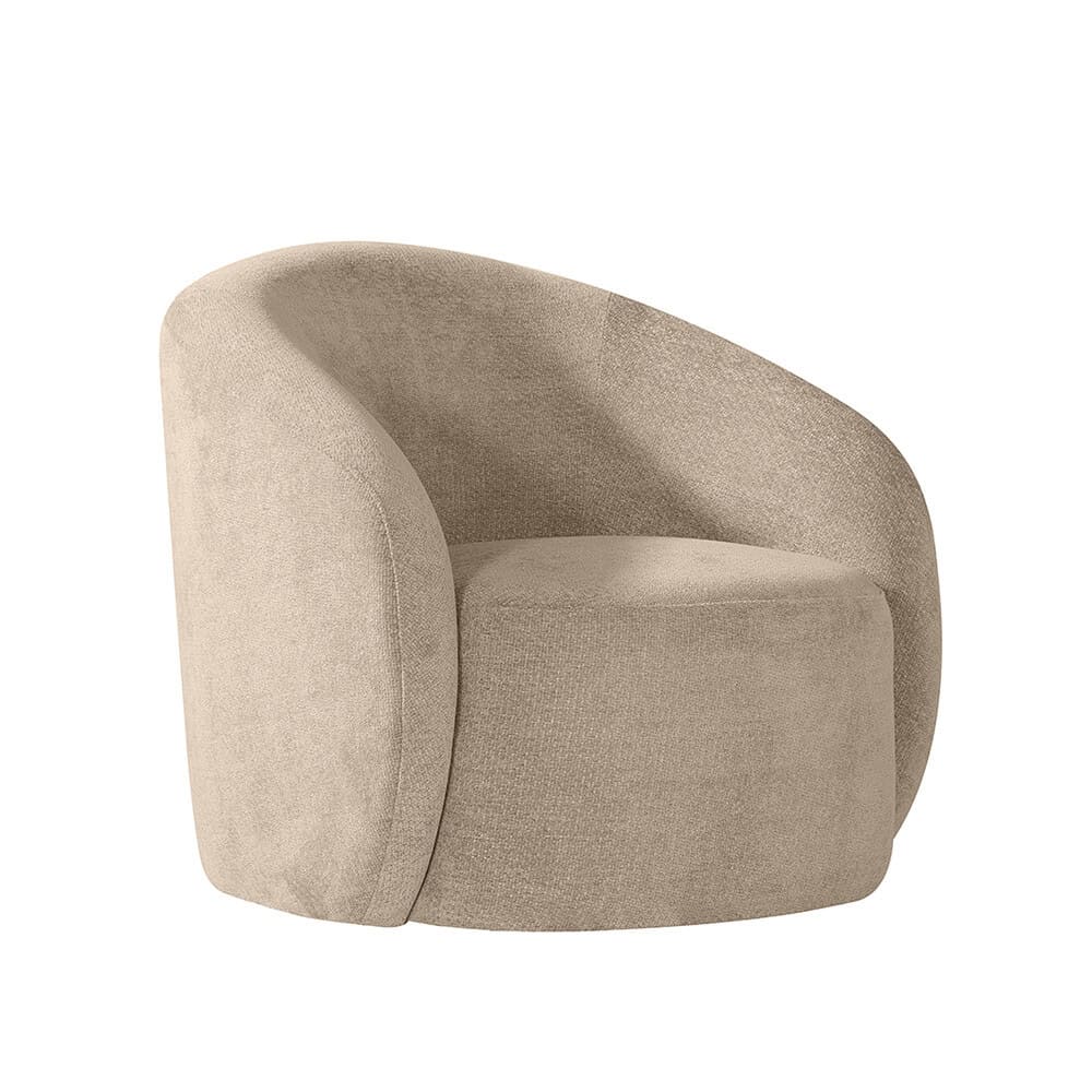 Zachte beige fauteuil met rond design en gestoffeerde bekleding, modern loungestoel voor comfortabele zitervaring.