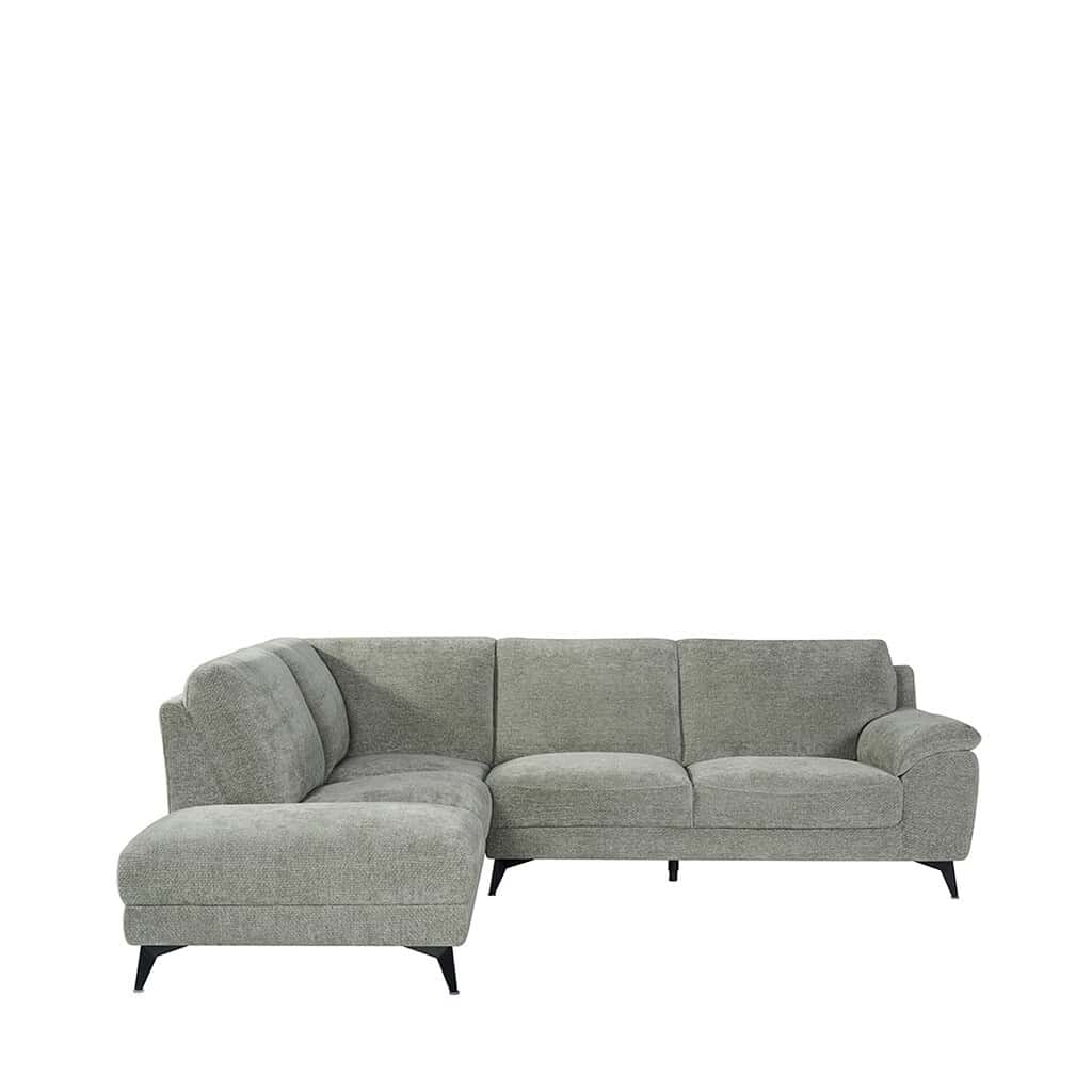 Elegante hoekbank van Mokana Meubelen in lichtgrijze stof, perfect voor moderne woonkamers en gezellige zithoeken.
