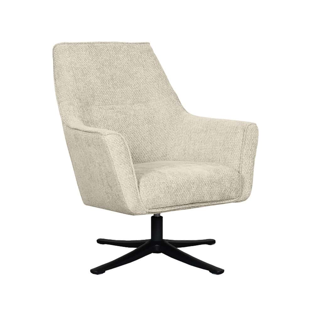 - Luxe fauteuil met licht beige textured bekleding en zwarte onderstel, perfect voor modern interieur.