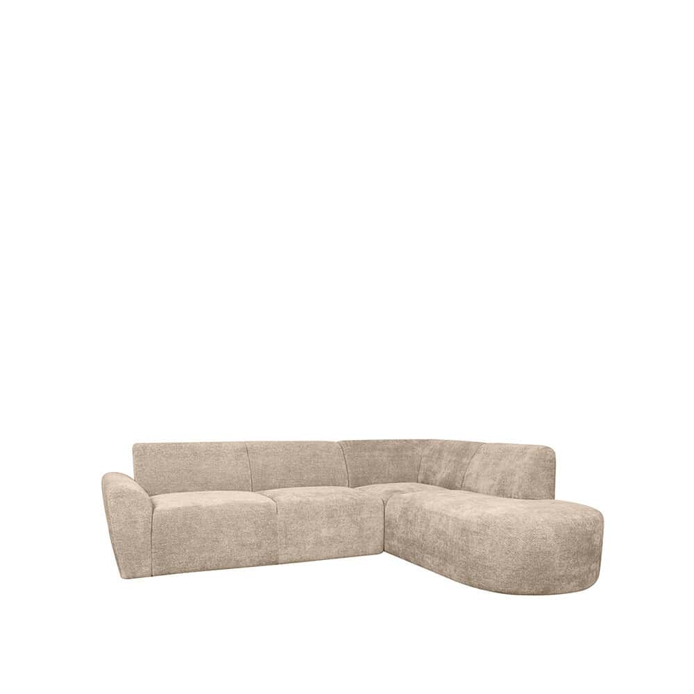 Luxe hoekbank in beige stoffen bekleding, perfect voor een moderne woonkamer, op maat gemaakt door Mokana Meubelen.