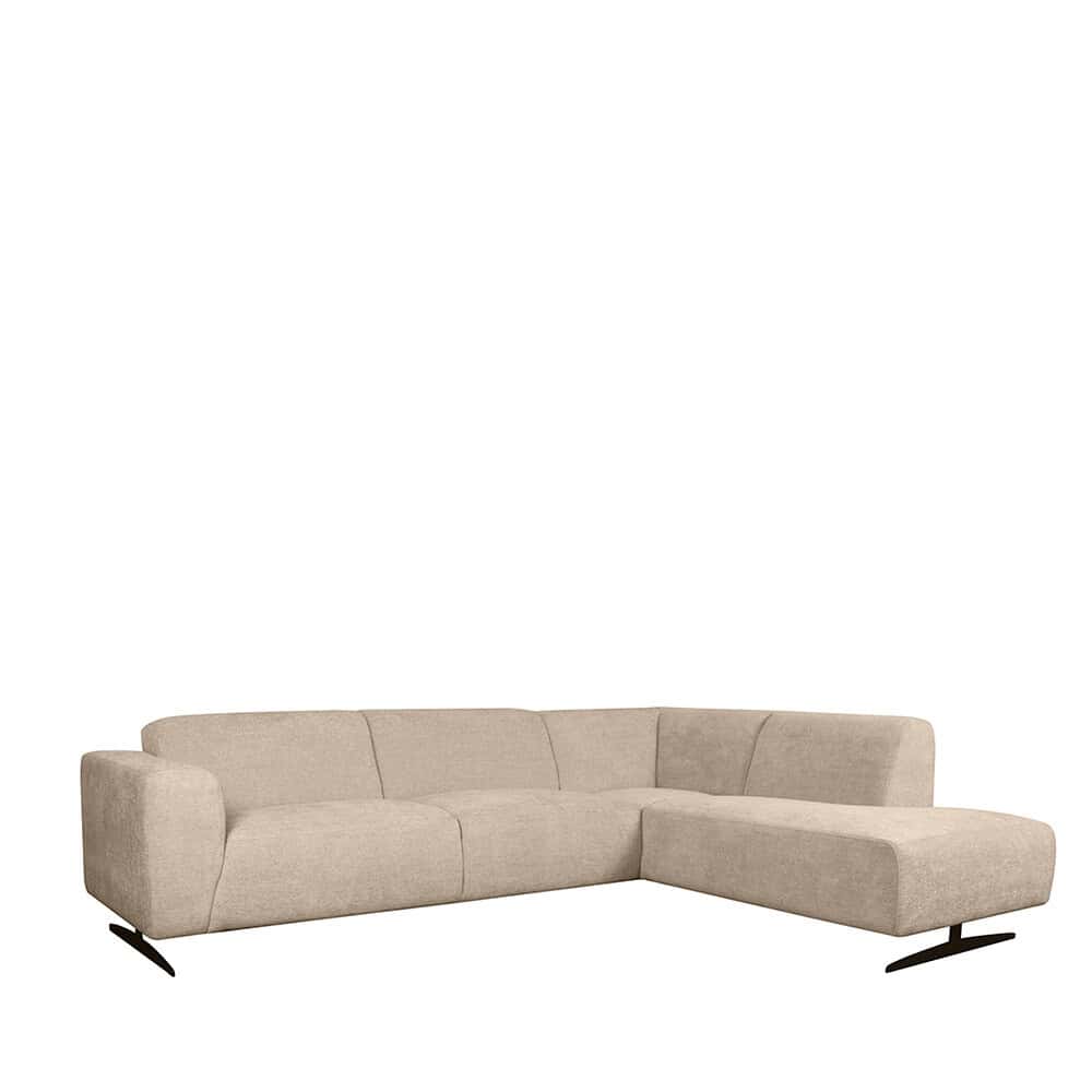 Vernieuwde moduleerbare stoffen hoekbank in beige kleur, modern design, comfortabel zitcomfort, perfect voor woninginrichting en ontspanning, Mokana Meubelen NL.