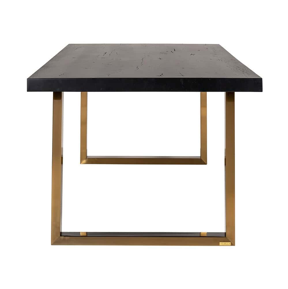 Elegante eettafel met zwarte marmeren blad en goudkleurige metalen onderstel, perfect voor modern interieur en stijlvolle eetkamers.