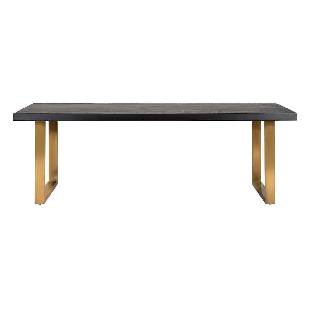 Robuuste eettafel van donker hout met goudkleurige stalen poten, perfect voor moderne eetkamers en interieuraccenten.