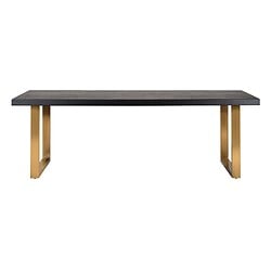 Robuuste eettafel van donker hout met goudkleurige stalen poten, perfect voor moderne eetkamers en interieuraccenten.