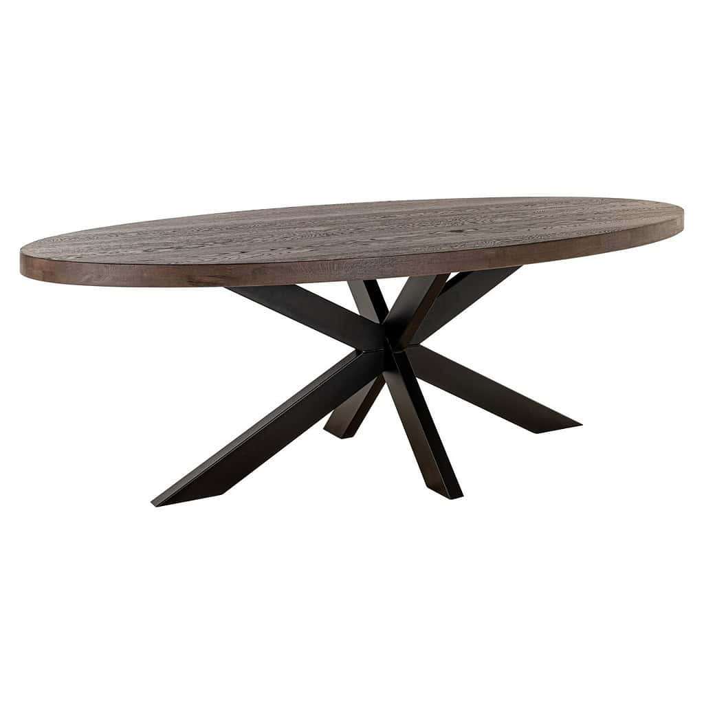 Hoogwaardige eettafel met houten blad en uniek zwart metalen onderstel, perfect voor moderne interieurs en thuisgebruik.