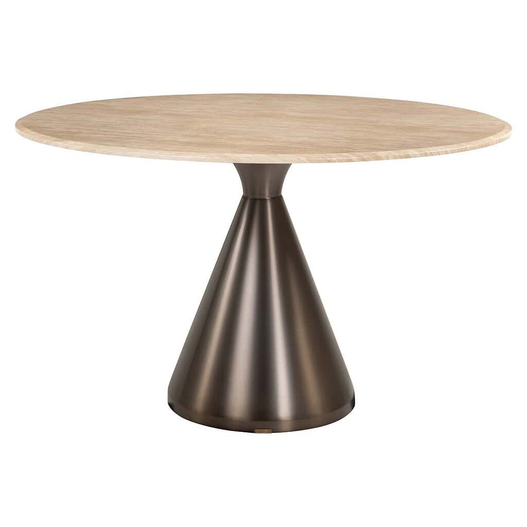 Robuuste eettafel met houten blad en metallic voet, modern design voor een eigentijdse woonstijl. Perfect voor eetkamers, magisch in elke interieurstijl.