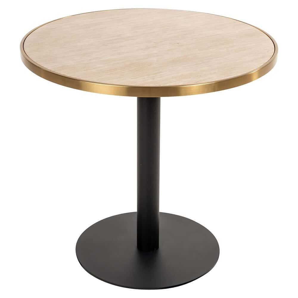 Elegante bijzettafel van Mokana Meubelen met een ronde lichthouten blad en zwarte metalen onderstel, perfect voor moderne interieurdecoratie en functionaliteit.