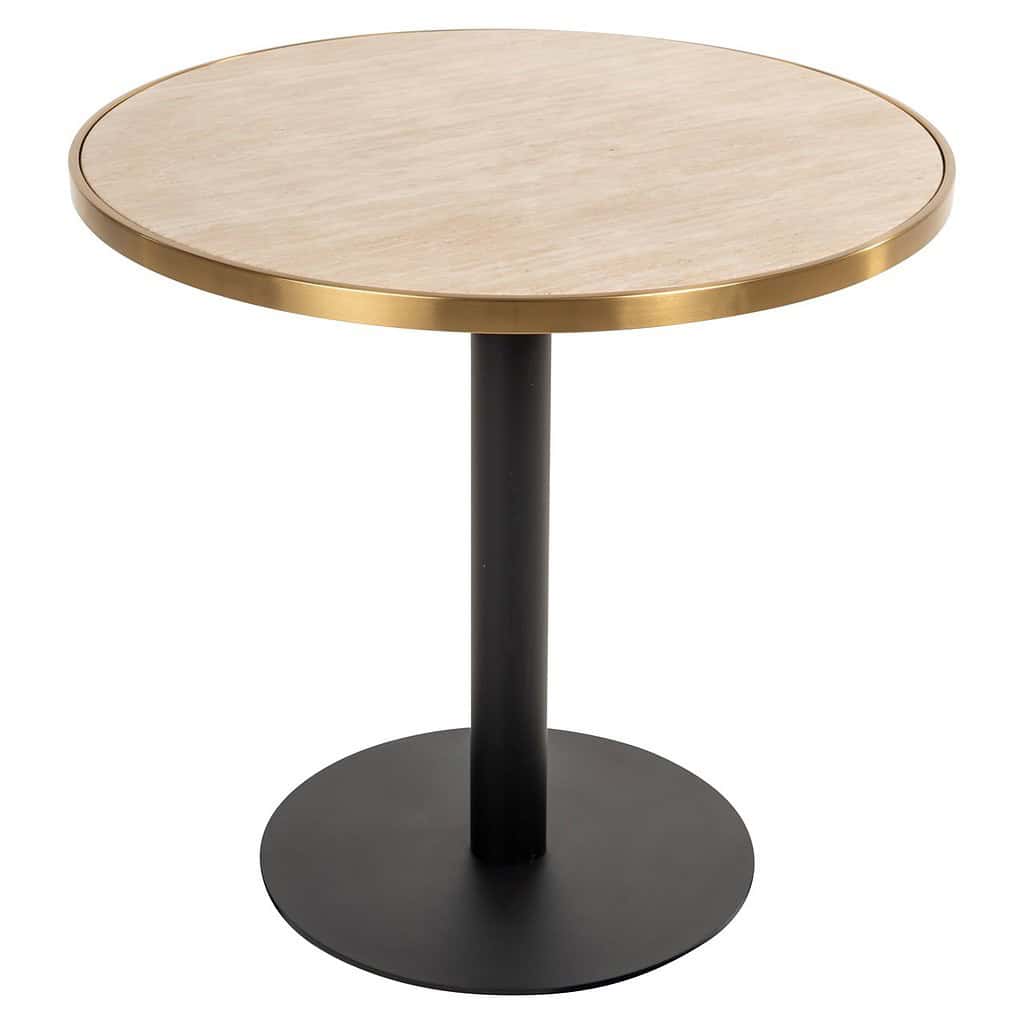 Elegante bijzettafel van Mokana Meubelen met een ronde lichthouten blad en zwarte metalen onderstel, perfect voor moderne interieurdecoratie en functionaliteit.