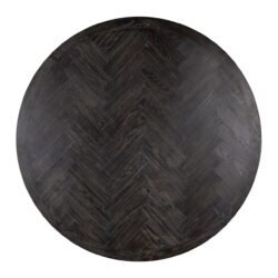 Eikenhouten ronde eettafel met visgraatpatroon, hoogwaardig meubelstuk van Mokana Meubelen, elegant en duurzaam.