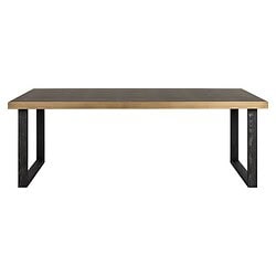 Robuuste eettafel met houten blad en zwart metalen onderstel, perfect voor een moderne eetkamer. Elegante en duurzame meubelstukken van Mokana Meubelen.