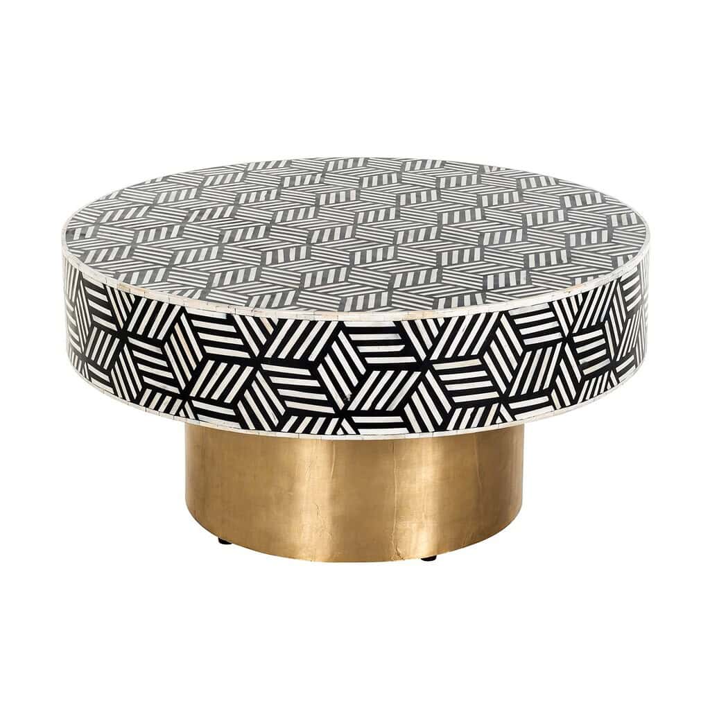 Moderne ronde salontafel met zwart-wit geometrisch patroon en goudkleurige onderstel, perfect voor stijlvolle interieurdecors en luxe woonkamer inrichting.