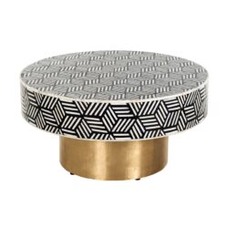 Moderne ronde salontafel met zwart-wit geometrisch patroon en goudkleurige onderstel, perfect voor stijlvolle interieurdecors en luxe woonkamer inrichting.