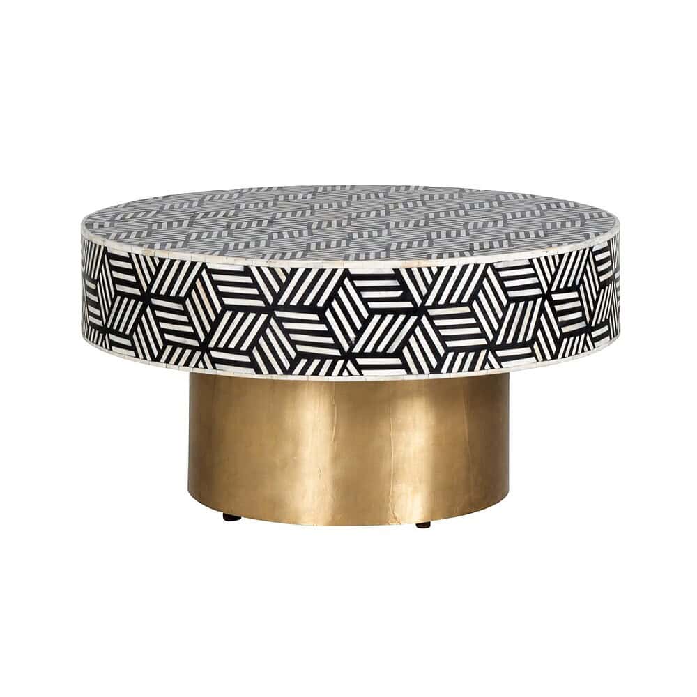 Elegante bijzettafel met geometrisch zwart-wit patroon en goudkleurige basis, perfect voor modern interieur en salon of woonkamer decoratie.